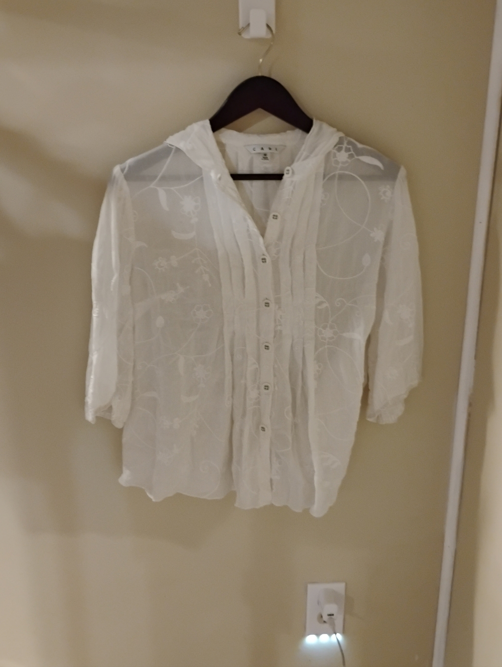 CAbi Lightweight Hooded Embroidered Button Down Top Sz M
